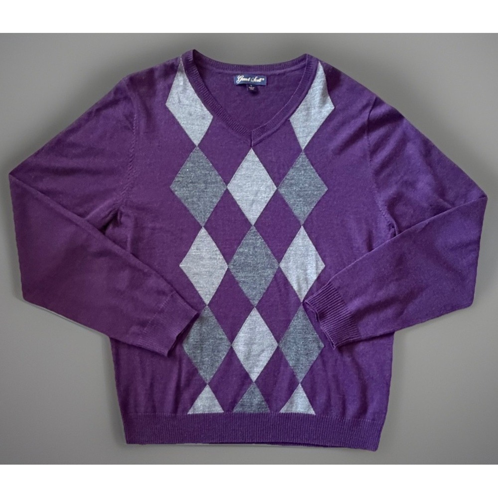 Garret Scott Long Sleeve V-Neck Sweater Purple Argyle Merino Wool Large JBHS